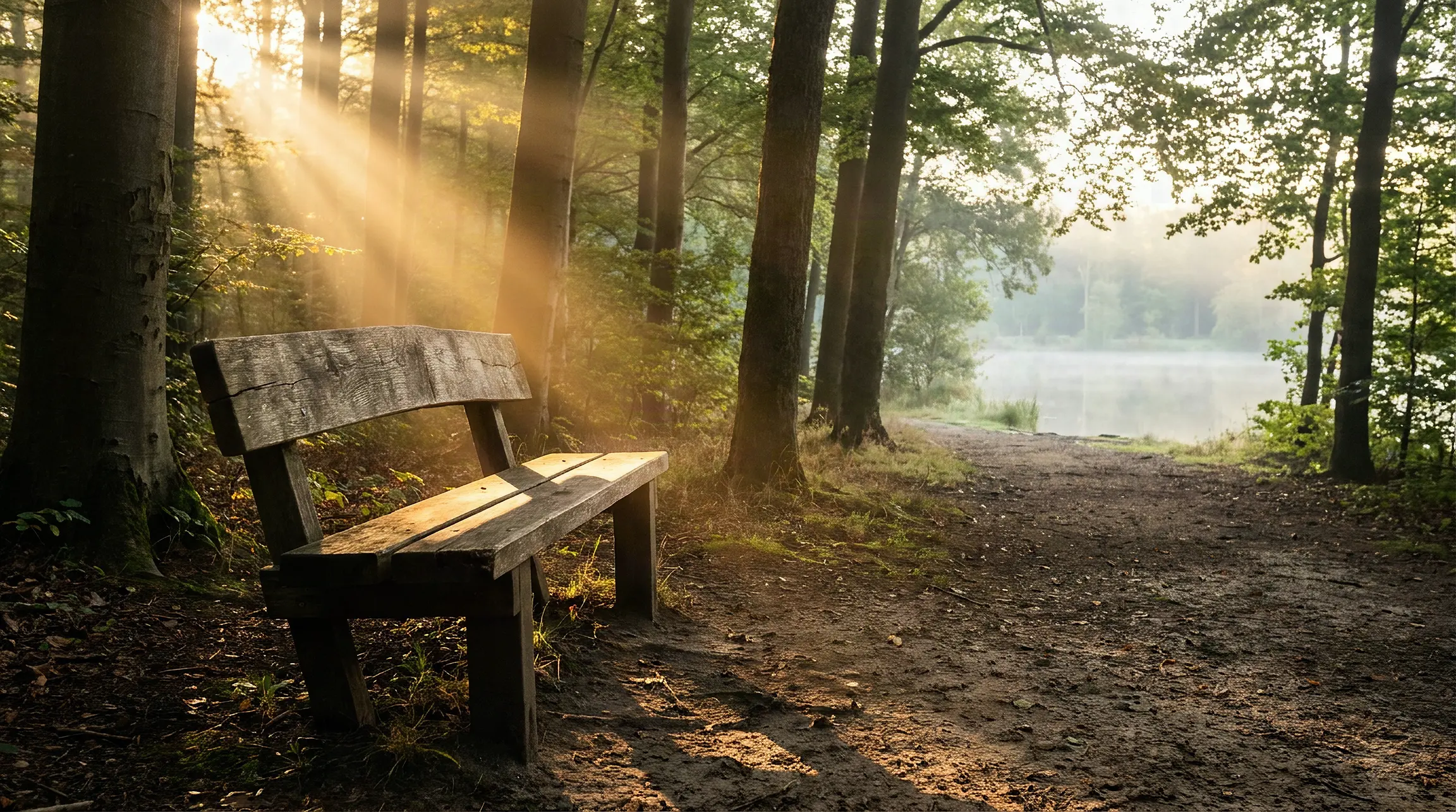 Eine verwitterte Holzbank am Waldweg, Morgensonne fällt durch die Bäume, dahinter ein stiller See