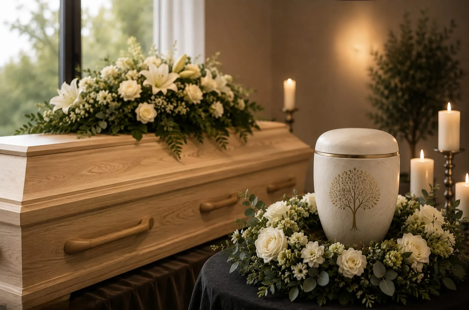 Heller Sarg mit weißem Blumenschmuck am Fenster, daneben eine weiße Urne mit goldenem Lebensbaum im Blumenkranz