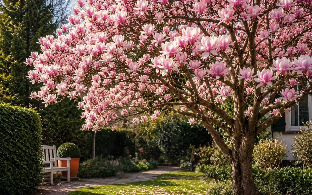 Eine blühende Magnolie in einem Garten, darunter gefallene Blütenblätter, links eine weiße Bank