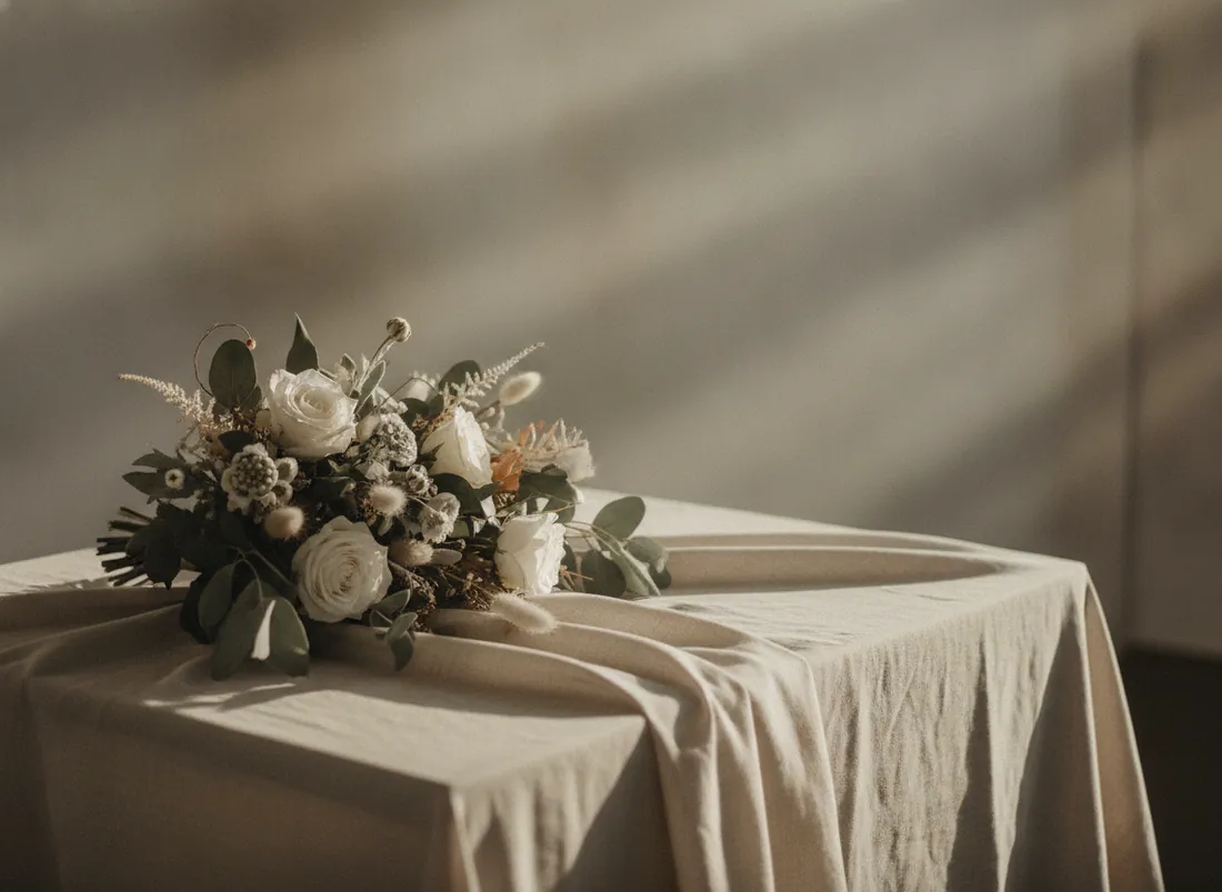 Zurückhaltendes Blumengesteck in Weiß und Creme