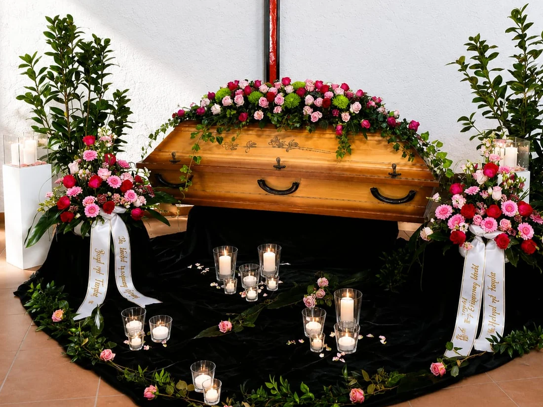 Aufgebahrter Sarg mit einem Bogen aus rosa und roten Rosen, links und rechts Blumengestecke mit Schleifen, davor ein schwarzes Tuch mit vielen Windlichtern
