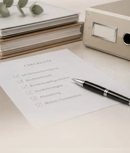 Ein Stapel Ordner und eine abgehakte Checkliste mit Sterbeurkunde, Rentenangelegenheiten und Versicherungen, daneben ein Stift