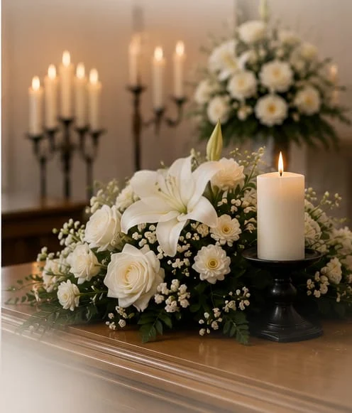 Ein Sarg mit weißem Blumenschmuck und einer Kerze, dahinter Leuchter und ein Kreuz