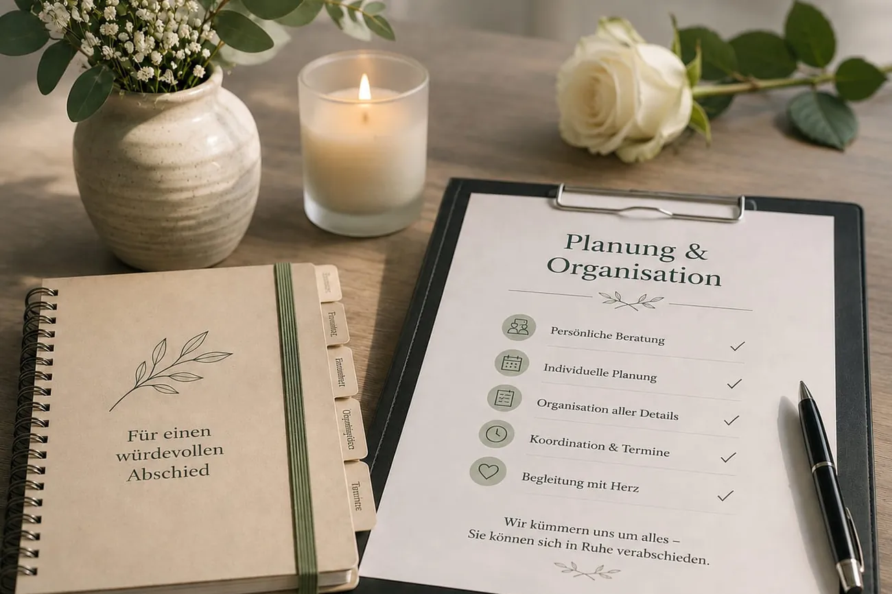 Ein Tisch mit brennender Kerze, weißen Rosen, einem Notizbuch „Für einen würdevollen Abschied“ und einem Klemmbrett mit abgehakter Checkliste