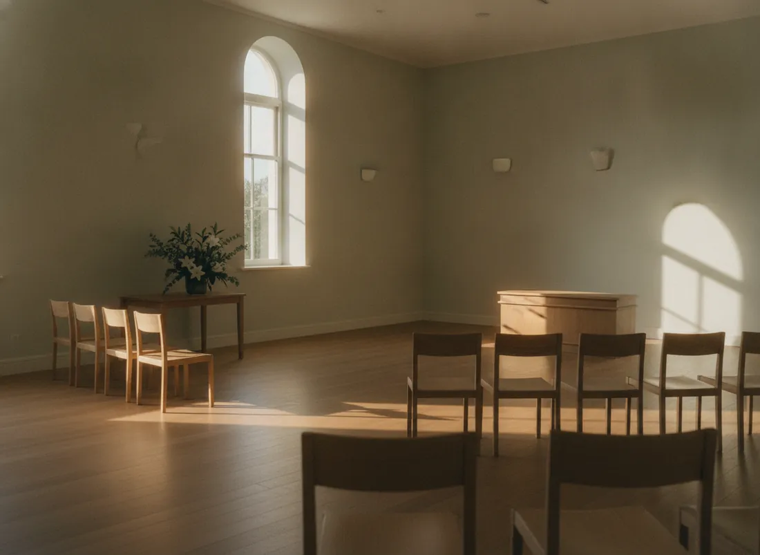 Schlichter Abschiedsraum mit hellen Holzstühlen