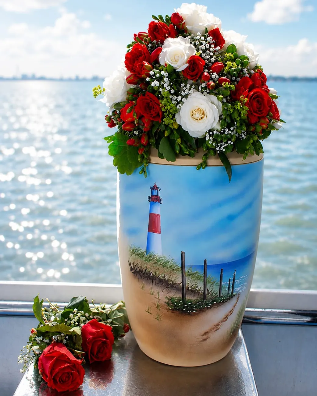 Seeurne mit gemaltem Leuchtturm und Dünenweg, darauf ein Kranz aus roten und weißen Rosen, dahinter das offene Wasser