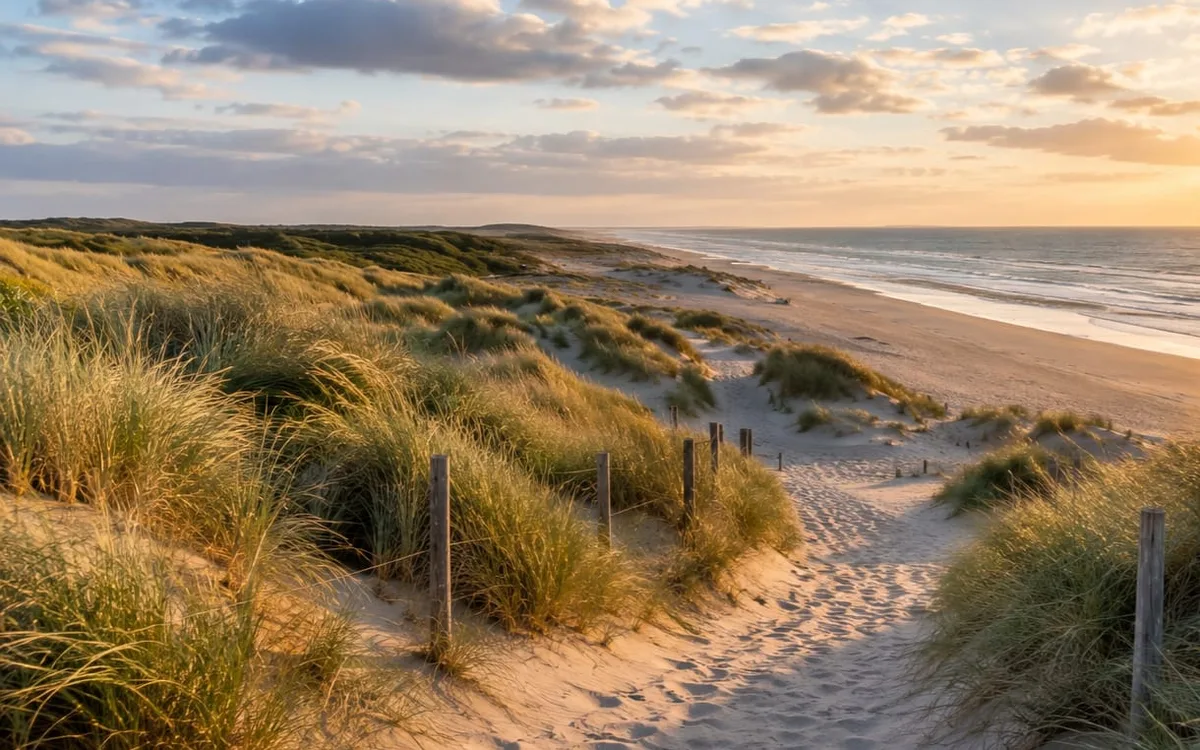 Dünen mit wehendem Strandhafer, dahinter Strand und Meer im Abendlicht