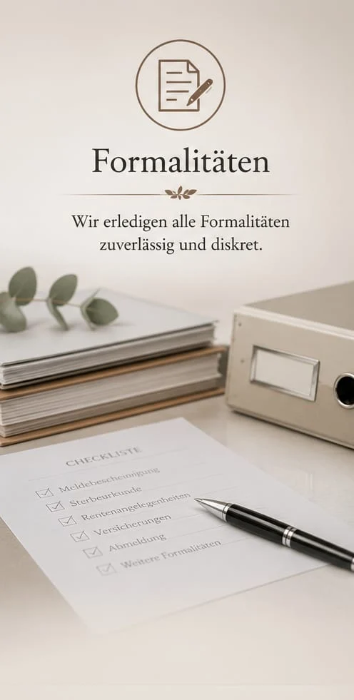 Tafel „Formalitäten“: Wir erledigen alle Formalitäten zuverlässig und diskret — Ordner und Checkliste