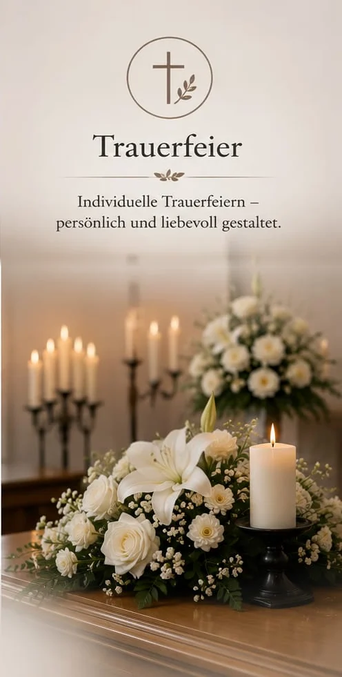 Tafel „Trauerfeier“: Individuelle Trauerfeiern, persönlich und liebevoll gestaltet — Sarg mit Blumenschmuck und Kerze