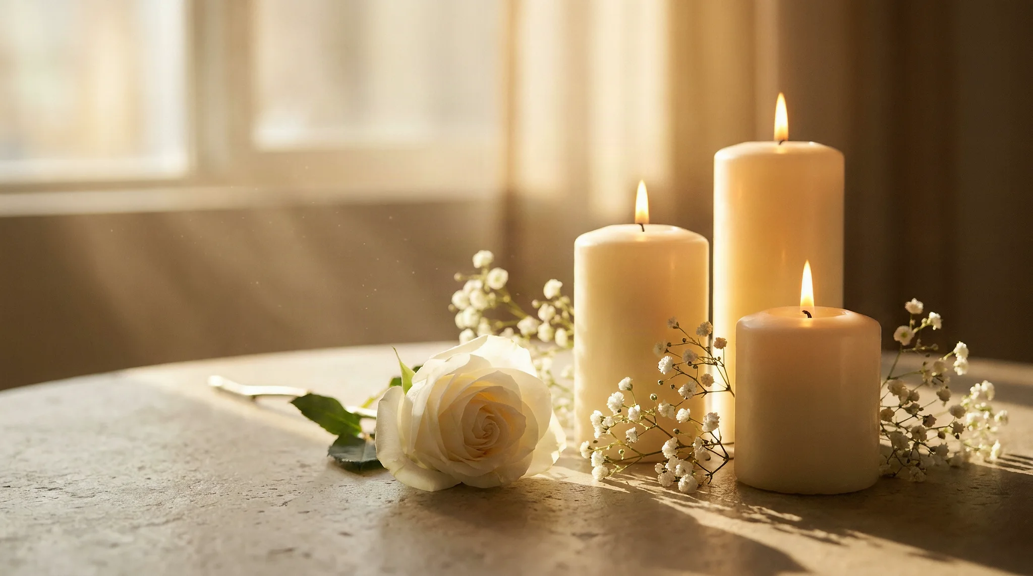 Eine weiße Rose liegt vor drei brennenden Kerzen im warmen Fensterlicht