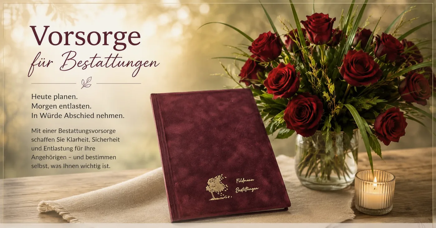 Vorsorge für Bestattungen — eine weinrote Mappe mit goldenem Schriftzug „Feldmann Bestattungen“ neben roten Rosen und einer Kerze. Heute planen. Morgen entlasten. In Würde Abschied nehmen.