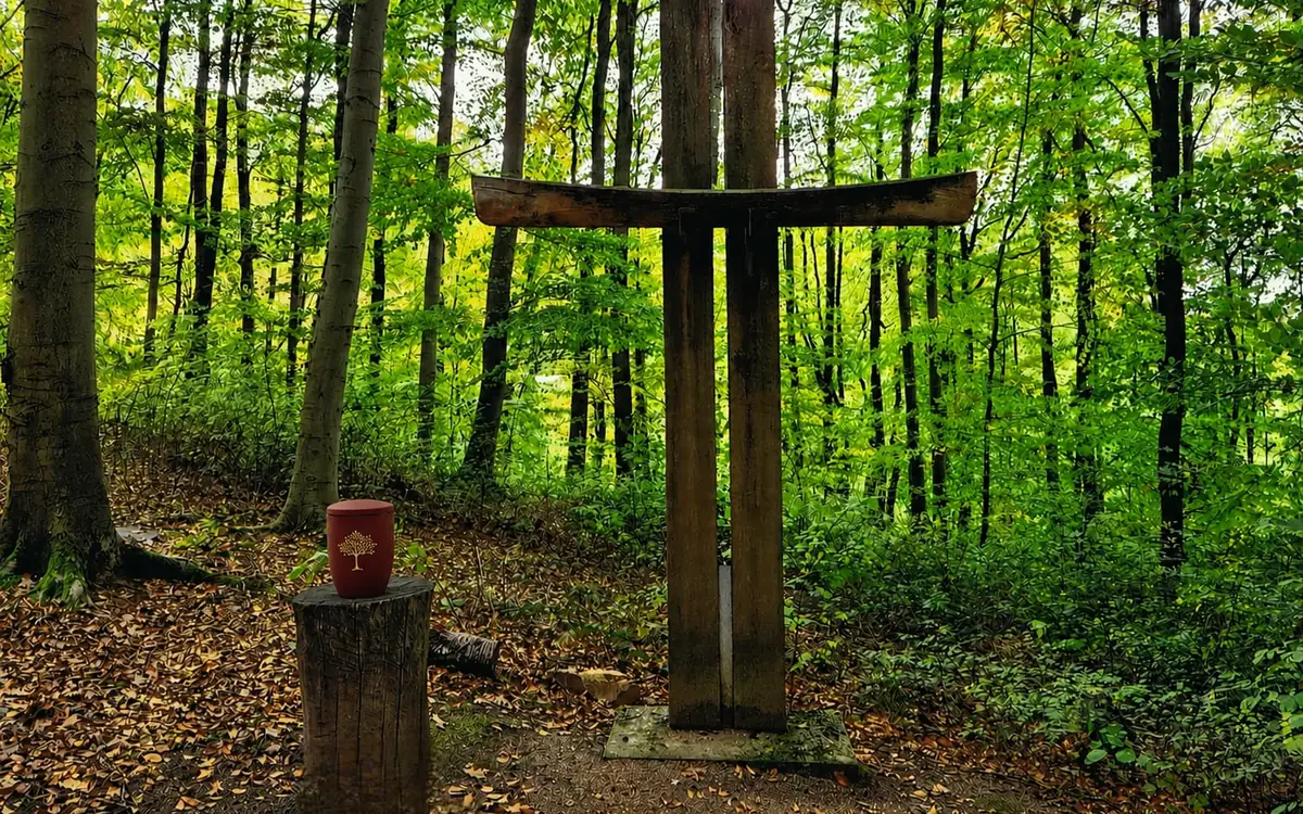 Rote Urne mit goldenem Baum auf einem Baumstumpf, dahinter ein hölzernes Kreuz im Buchenwald